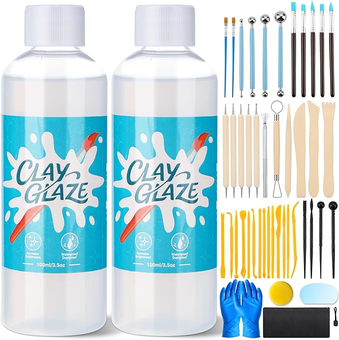 Lezmarket 200ml Air Dry Clay Glaze and 48 Pcs Clay Tools Kit, Provide Gloss Finish, Gloss Varnish Protects Clay from Surface Wear, Pottery Tools Can be Used for Sculpting, Molding Clay Crafts