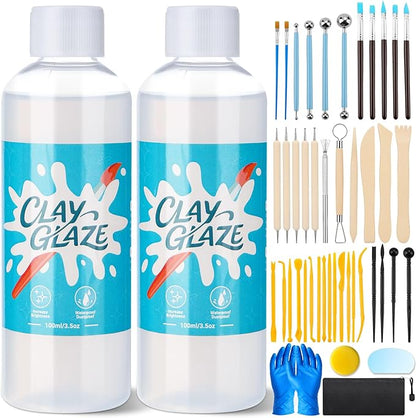 Lezmarket 200ml Air Dry Clay Glaze and 48 Pcs Clay Tools Kit, Provide Gloss Finish, Gloss Varnish Protects Clay from Surface Wear, Pottery Tools Can be Used for Sculpting, Molding Clay Crafts