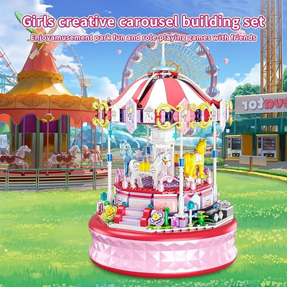 591 Piece Mini Music Box Building Block Set,Rotating Carousel DIY Building Toy,Girl Amusement Park Building Block Kit,STEM Educational Toys,Christmas Birthday Gifts for Girls Boys Ages 6-12+