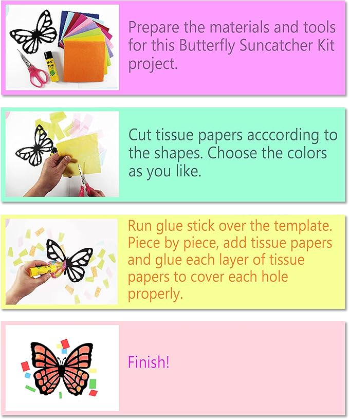VHALE Suncatchers Craft 3 Sets (9 Cutouts) w Tissue Papers Stained Glass Effect Paper Sun Catcher Kit, Window Art, Classroom Crafts, Creative Art Projects, Kids Party Favors (Butterfly)