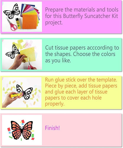 VHALE Suncatchers Craft 3 Sets (9 Cutouts) w Tissue Papers Stained Glass Effect Paper Sun Catcher Kit, Window Art, Classroom Crafts, Creative Art Projects, Kids Party Favors (Butterfly)