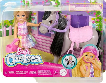 Barbie Chelsea Doll & Toy Horse Set, Includes Helmet Accessory & Saddle, Small Doll Bends at Knees to “Ride” Gray Pony
