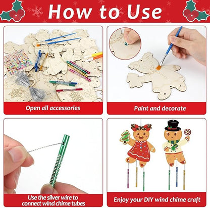 gisgfim 16 Pack Christmas Gingerbread Man Wind Chime Kits Crafts for Kids Make Your Own Wind Chime Wooden DIY Coloring Art Craft for Xmas Party School Classroom Decorations Supplies Birthday Favors
