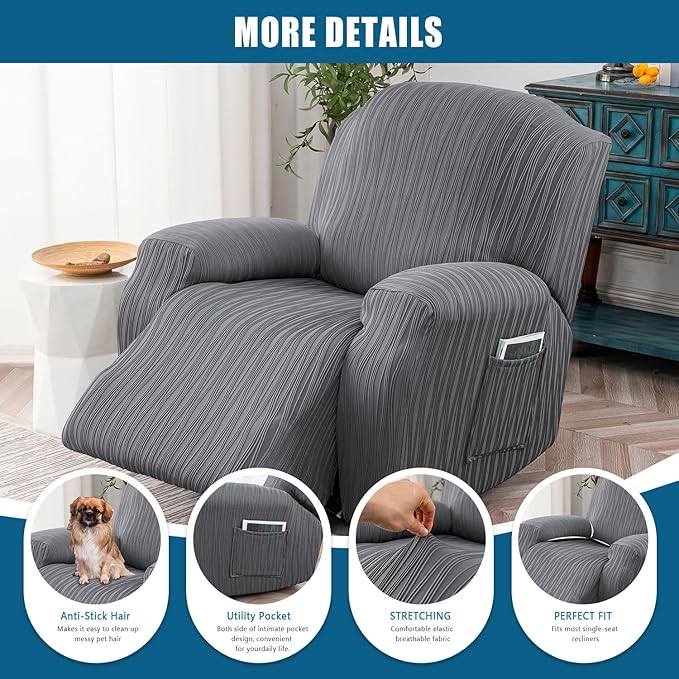 Recliner Cover Stretch Soft Couch Cover for Dogs, Sofa Slipcover for Recliner Couch Leakproof Furniture Protector for Kids, Pets (Dark Grey)