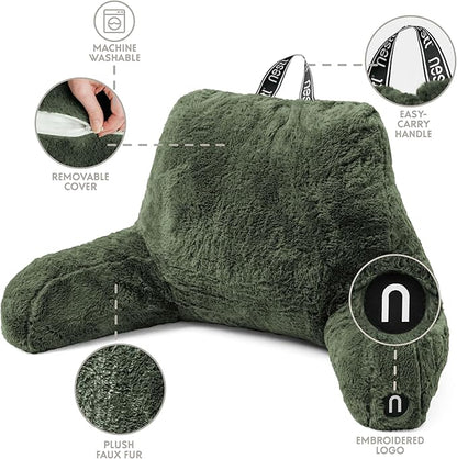 Nestl Fur Reading Pillow, Stylish Back Pillow for Bed Sitting Up, Faux Fur Bed Chair Pillow with Arms, Reading Pillows for Sitting in Bed Adult & Kids, Back Support Pillow for Bed Rest - Olive Green