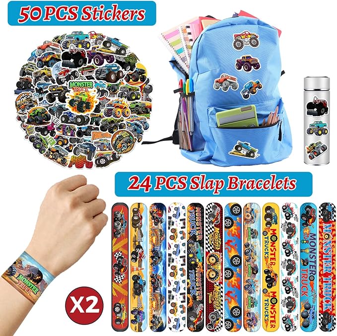 Monster Truck Party Favors 24 Pcs Monster Truck Slap Bracelets 50 Pcs Monster Truck Stickers 80 Pcs Monster Truck Tattoos Monster Truck Birthdays Decorations Supplies for Kids Boys Classroom Rewards