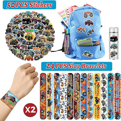 Monster Truck Party Favors 24 Pcs Monster Truck Slap Bracelets 50 Pcs Monster Truck Stickers 80 Pcs Monster Truck Tattoos Monster Truck Birthdays Decorations Supplies for Kids Boys Classroom Rewards