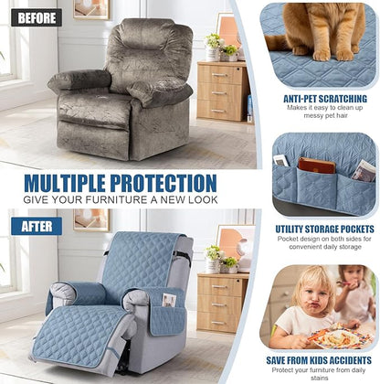 TAOCOCO 100% Waterproof Recliner Covers, Recliner Sofa Covers with Leg Straps, Reversible Recliner Couch Cover for Reclining Chair, Washable Couch Protector for Pets Kids(1 Seater 22", Sky Blue)