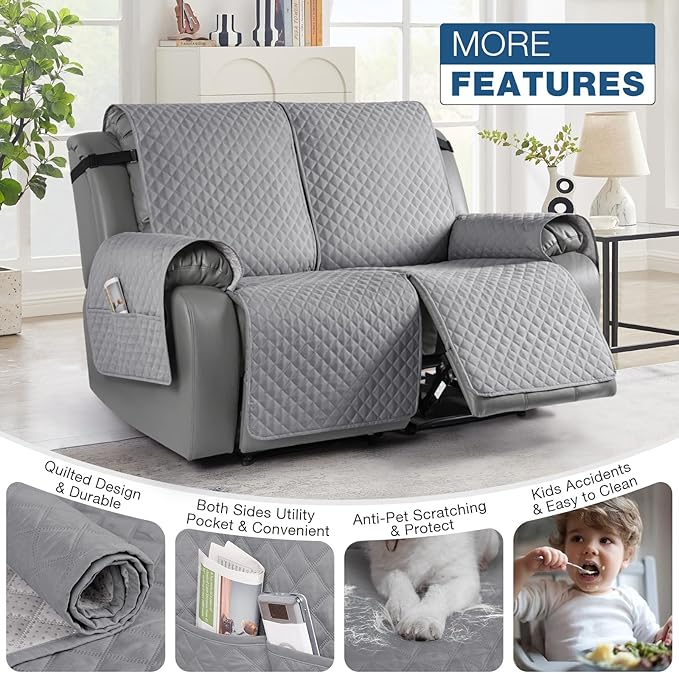 TAOCOCO Loveseat Recliner Cover Non-Slip Sofa Slipcover, Pet Cover for Loveseat Recliner with Elastic Straps, Washable Reclining Loveseat Cover Recliner Furniture Protector (2 Seater, Light Gray)
