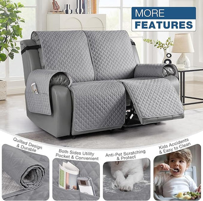 TAOCOCO Loveseat Recliner Cover Non-Slip Sofa Slipcover, Pet Cover for Loveseat Recliner with Elastic Straps, Washable Reclining Loveseat Cover Recliner Furniture Protector (2 Seater, Light Gray)