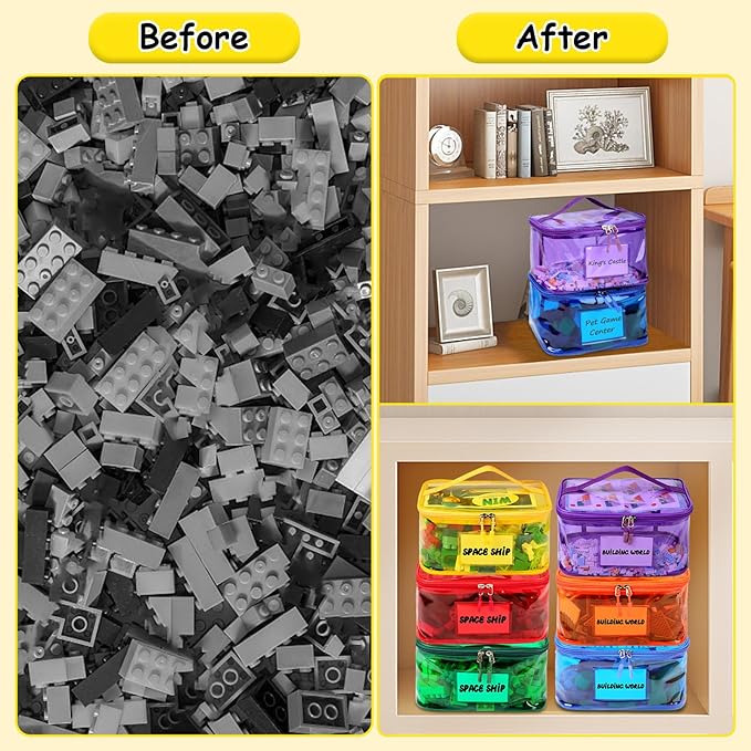 Tesuko 6 Pack Clear Toy Storage Bag with Name Tag& Manual Pocket, Waterproof Transparent PVC Toy Organizer Case for Lego Bricks, Board Games, Building Blocks, Puzzles (Large Capacity, Full Colourful)