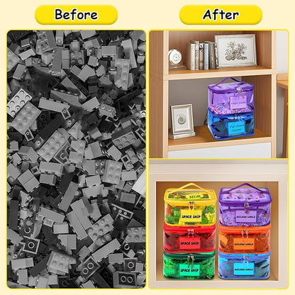 Tesuko 6 Pack Clear Toy Storage Bag with Name Tag& Manual Pocket, Waterproof Transparent PVC Toy Organizer Case for Lego Bricks, Board Games, Building Blocks, Puzzles (Large Capacity, Full Colourful)