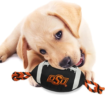 Pets First NCAA Oklahoma State Cowboys Football Dog Toy, Tough Quality Nylon Materials, Strong Pull Ropes, Inner Squeaker, Collegiate Team Color