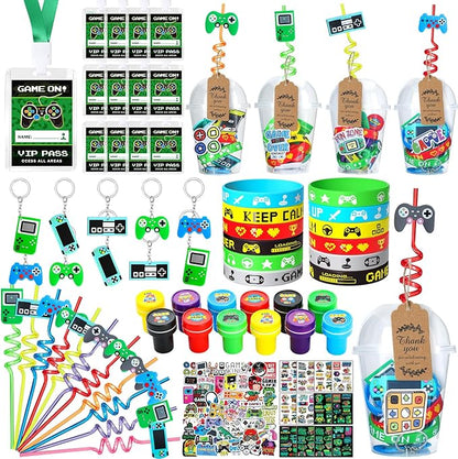 146Pcs Video Game Party Favors Birthday Supplies, Cup VIP Pass with Lanyard Straw Silicone Bracelet Keychain Stamper Tattoo Sticker Kids Gamer Birthday Party Favors Gaming Game On Goodies Bags