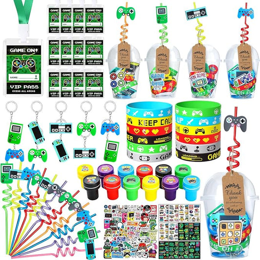 146Pcs Video Game Party Favors Birthday Supplies, Cup VIP Pass with Lanyard Straw Silicone Bracelet Keychain Stamper Tattoo Sticker Kids Gamer Birthday Party Favors Gaming Game On Goodies Bags