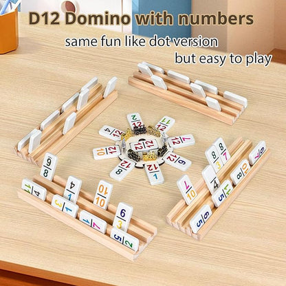 Mexican Train Dominoes Set with Numbers Double 12, Includes 8 Tiles Racks & 9 Metal Trains & Wooden Hub & 91 Colorful Dominoes Tiles with Portable Case for Adults, Travel, Family Game Nighty