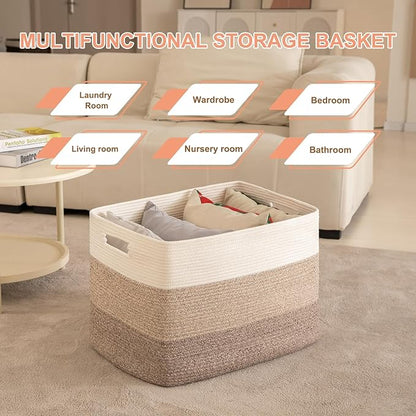 OIAHOMY 108L Super Large Blanket Basket, 25”x16”x16”(108L) Rectangle Woven Baskets for Storage, Cotton Rope Basket For Living Room, Toy Storage with Handle- Gradient Brown