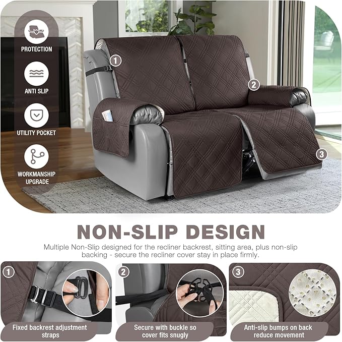 TAOCOCO 100% Waterproof Oversized Loveseat Recliner Cover, Non Slip Split Loveseat Covers for Reclining Loveseat with Elastic Straps for Kids Pets(Oversized 2 Seater, Chocolate)