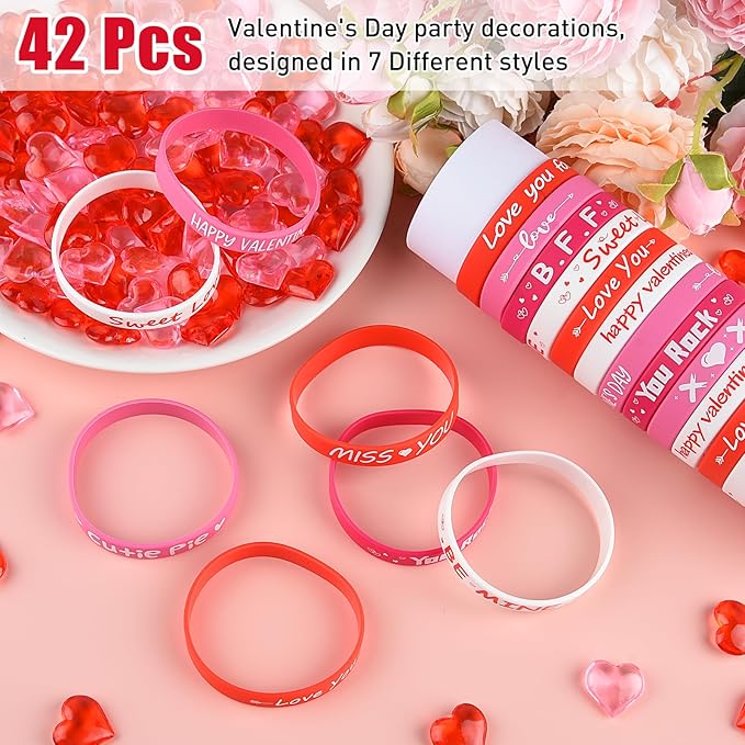 Morcheiong 42 Pieces Valentine's Day Party Favors Rubber Bracelets Pink Red Classic Silicone Wristbands for Kids Adults Valentine's Day Party Decorations