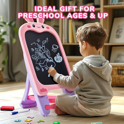 Adjustable Standing Toddler Art Easel with educatinal Accessories for Kid,4-in-1 Double-Side Magnetic Chalkboard&Whiteboard,Dry Eraser Board,Detachable&Portable,Ideal Birthday Gift for2-4,Bunny