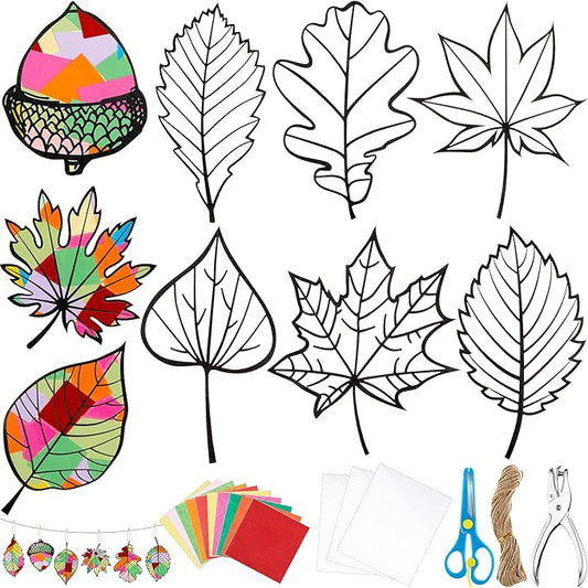 18 Pcs Thanksgiving Fall Paper Craft for Kids DIY Autumn Tissue Paper Leaf Suncatcher Kit with 20 PVC Contact Paper and 30 Colored Cellophane Paper for Kids Classroom DIY Crafts Art Party Supplies
