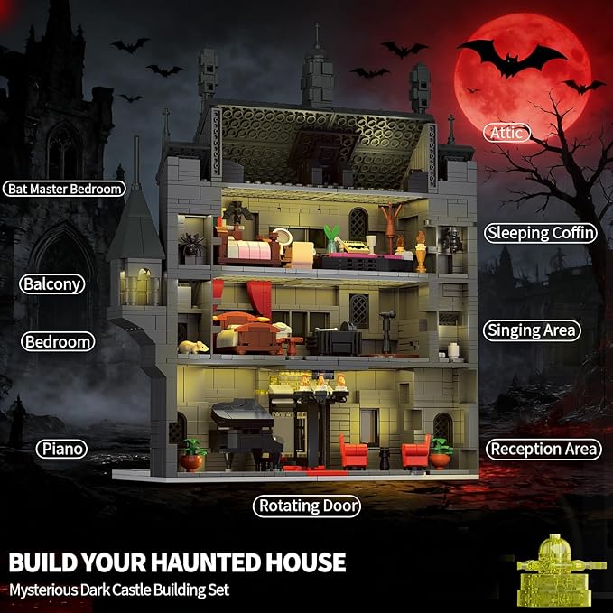 Haunted House Building Set with Lights, Halloween Mansion Building Block Toy Compatible with Lego Adults, Idea for Boys, Girls, Movie Fan Age 14+ (1686 PCS)