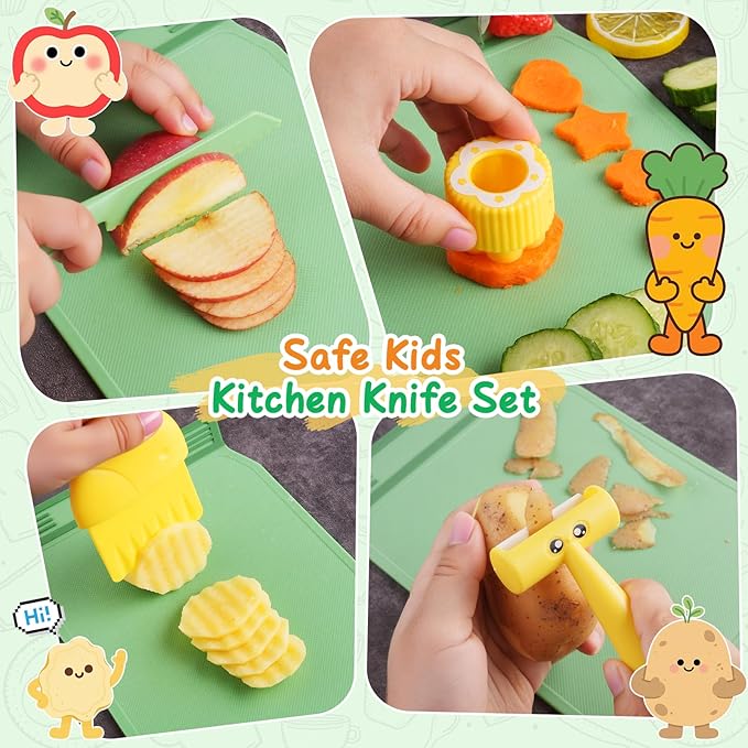 Kids Kitchen Knife Set for Real Cooking with Storage Box Green, Montessori Kitchen Toy with Cutting Board, Plastic Toddler Knives, Peeler, Wooden Safe Knife for Age 3 4 5 6 7 8
