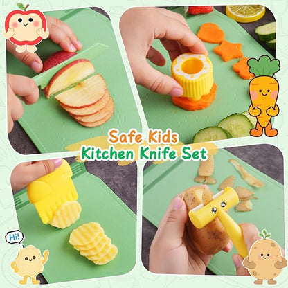 Kids Kitchen Knife Set for Real Cooking with Storage Box Green, Montessori Kitchen Toy with Cutting Board, Plastic Toddler Knives, Peeler, Wooden Safe Knife for Age 3 4 5 6 7 8