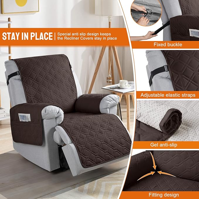 VANSOFY 100% Waterproof Recliner Chair Covers, Recliner Cover Non-Slip Dog Chair Cover Furniture Protector Washable Slipcover with Pocket, Elastic Straps for Pets, Dogs(Chocolate, 28")