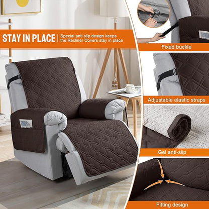 VANSOFY Waterproof Recliner Chair Covers, Recliner Cover Non-Slip Dog Chair Cover Furniture Protector Washable Slipcover with Pocket, Elastic Straps for Pets, Dogs(Chocolate, 23.6")