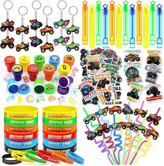 110 PCS Monster Truck Party Favors Birthday Supplies with Drinking Straws, Silicone Bracelets, Bubble Wands, Keychains, and Monster Truck Pinata for Boys Goodie Bag Stuffers