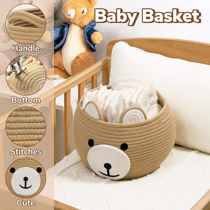 CherryNow Cotton Rope Baby Basket for Nursery, Bear Gift Baskets for Kids, Empty Baby Shower Basket with Handles, Small Cute Animal Baskets, Brown, 10.5"D x 8.5"H