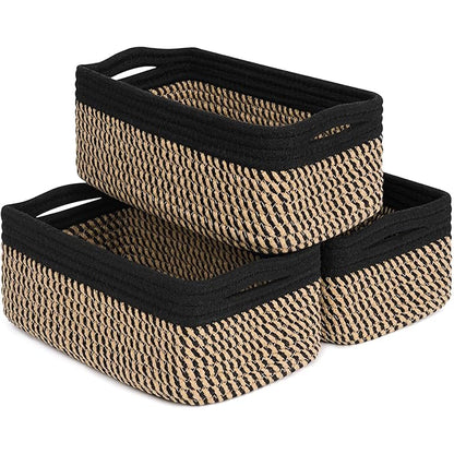 Goodpick Storage Baskets, Small Baskets for Organizing Gift Basket Empty Woven Rope Basket for Shelves Closet Organizer Bins for Towels 3 Pack, Black & Jute, 11 x 7 x 4.5 in