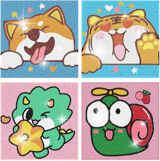 4 Pack 5D Cartoon Animals Diamond Art Kits for Kids, Cute Tiger DIY Diamond Painting Kit for Kids Beginners,Full Round Drill Big Gem Art for Kids Age 6-12(6X6 inch)