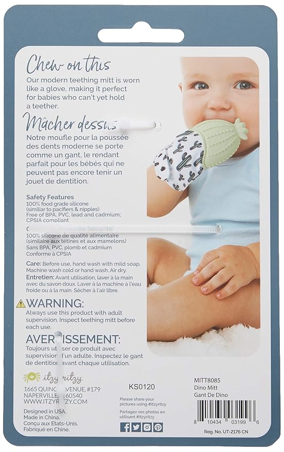 Itzy Ritzy Silicone Teething Mitt - Soothing Infant Teething Mitten w/Adjustable Strap, Crinkle Sound, Textured Silicone, Soothes Sore & Swollen Gums, Baby Teething Toy for 3 Mos & Up, Green Dinosaur