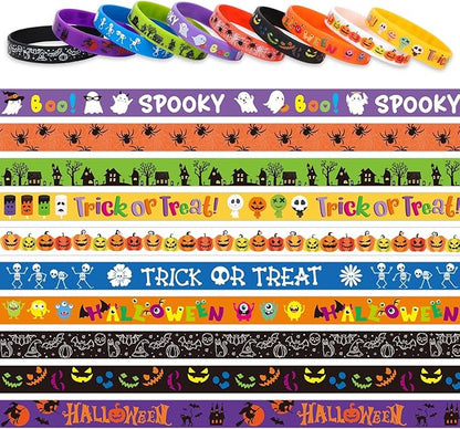 JUNEBRUSHS 120pcs Halloween Party Favors Silicone Bracelets Rubber Wristbands for Halloween Trick or Treat Party Kids Goodie Bag Stuffers Fillers Decorations Accessories Supplies(10 Designs)