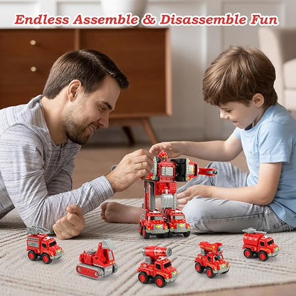 Toys for 3 4 5 6 Year Old Boys– 5-in-1 Detachable Construction Vehicles Set–Transform Robot Kids Toys Cars– Easy DIY Toys for Ages 5+ – Gifts for Boys Girls Birthday Christmas Easter