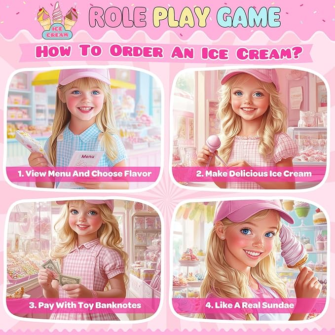 INNOCHEER Ice Cream Toy, Wooden Ice Cream Play Set, Pretend Play Kitchen Toys, Ice Cream Toys for Toddlers, Ice Cream Cart Play Store, Gifts Toys for 3 4 5 6 7 8+ Year Old Girls Boys