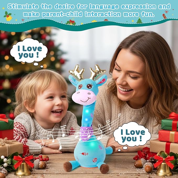 Dancing Talking Giraffe with Golden Antlers Toy, Stuffed Animal Baby Toy Repeating What You Say, Musical Toy with Golden Anlters Easter Gifts for Toddlers 1-3 Years Old (Blue Giraffe Antlers)