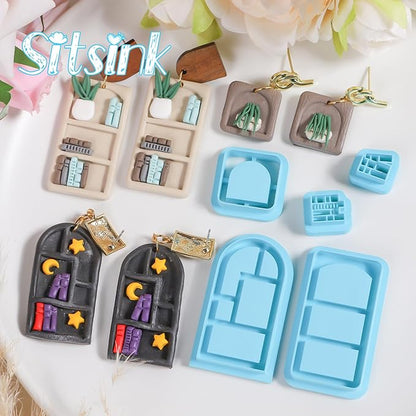Sitsink Back to School Clay Cutters - 14 Pcs Bookcase Clay Cutters for Polymer Clay Earrings, Bookshelf Potted Plant Polymer Clay Earring Cutters, 3D School Books Polymer Clay Cutters for Jewelry
