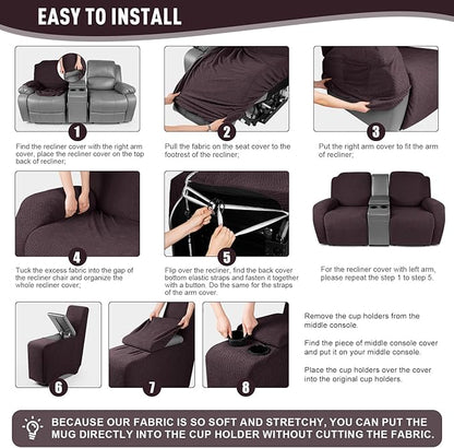 KinCam Loveseat Recliner Covers with Middle Console Slipcover, Recliner Sofa Covers 2 Seat Couch Cover Stripe Jacquard Furniture Protector Covers with Elastic Bottom for Kids, Pets (Chocolate)