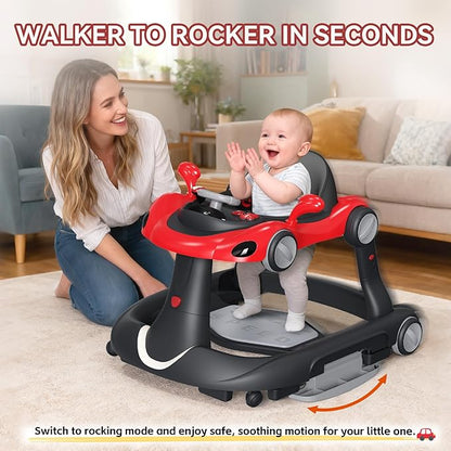 Baby Walker with Wheels, 7-in-1 Foldable Baby Walkers for Boys Girls 6-12 Months with Feeding Tray & Music, Lights,Rocker,Sun Canopy, Bouncing Pedal, Adjustable Wheel Speed, Push Walker (Red)