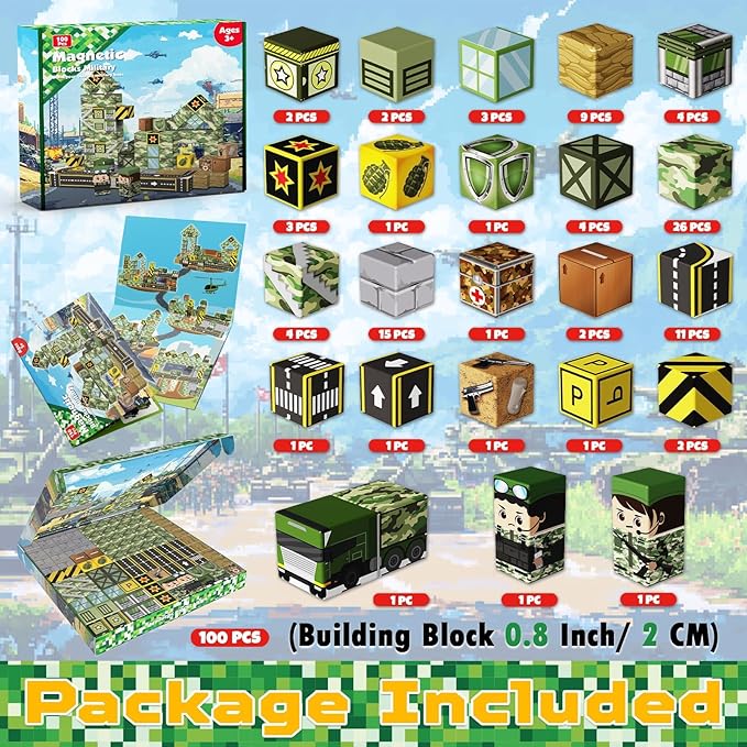Annexfun Magnetic Blocks-100PCS Military Building Blocks Set, Kids Classroom Sensory Toy for Toddlers STEM Learning, Construction Stacking Toy for Kids 3+ Boys and Girls Christmas Birthday Gifts Toys