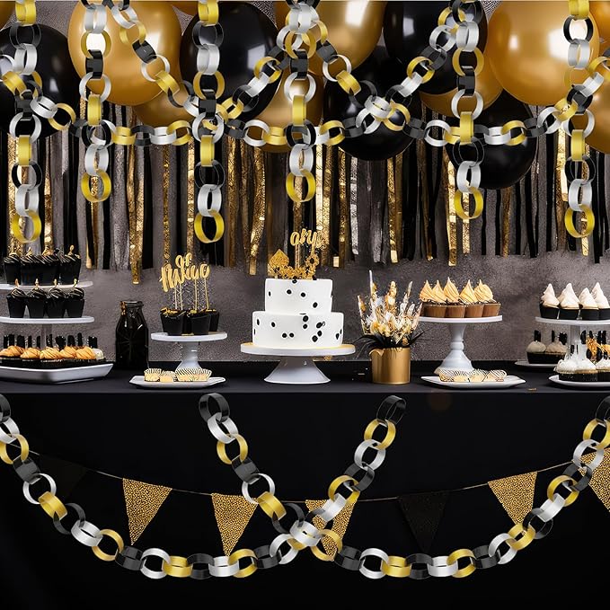 CHRORINE 600Pcs Colorful Paper Chains Strips for Birthday Party Decorations DIY Crafts Supplies (Gold Silver Black, 1 x 7.08 inches)