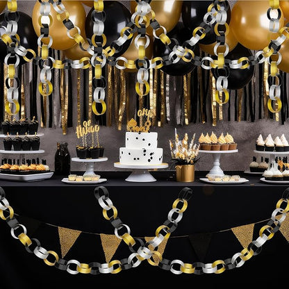 CHRORINE 600Pcs Colorful Paper Chains Strips for Birthday Party Decorations DIY Crafts Supplies (Gold Silver Black, 1 x 7.08 inches)