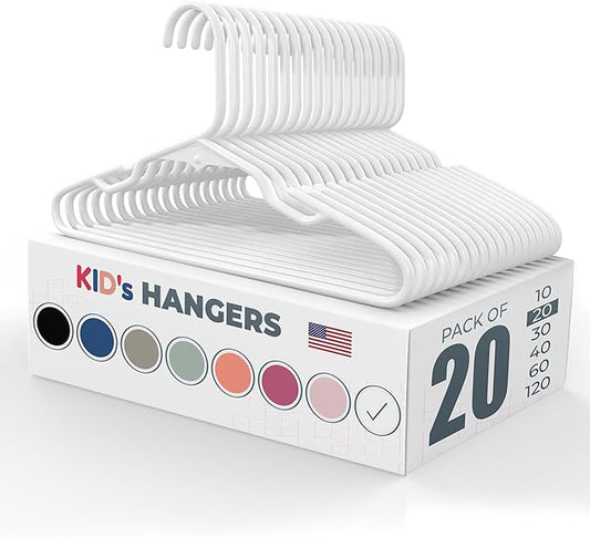 Made in USA Baby Hangers, Kids Hangers for Children's Clothes, Toddler Outfits and Clothing, 20 50 100 Pack Available, Kid Plastic Hanger for Closet and Nursery, Child Kid Hangars (20pk White)