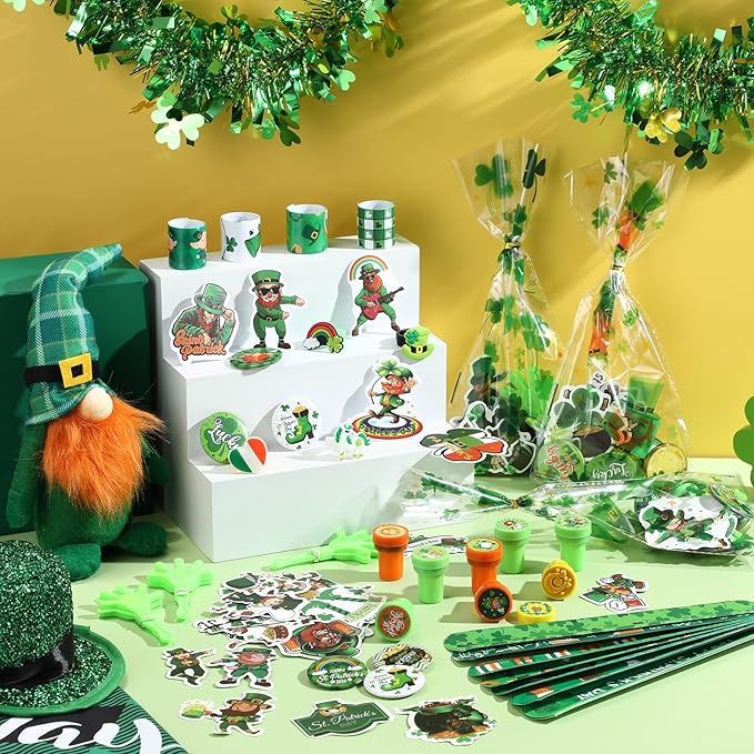 218 Pcs St. Patrick's Day Accessories Party Favors for Kids Include Gift Bag Slap Bracelet Badge Sticker Stamper Ring Hand Clapper Coin, St. Patrick's Day Gifts Irish Party Supplies