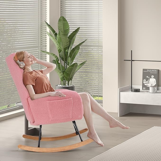 VECELO Rocking Chair Nursery with Thick Headrest, Modern Teddy Upholstered Reading Glider Rocker Accent Armchair with High Backrest, Padded Seat, Side Pocket, for LivingRoom, Bedroom, Baby Room, Pink