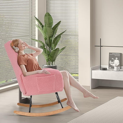 VECELO Rocking Chair Nursery with Thick Headrest, Modern Teddy Upholstered Reading Glider Rocker Accent Armchair with High Backrest, Padded Seat, Side Pocket, for LivingRoom, Bedroom, Baby Room, Pink