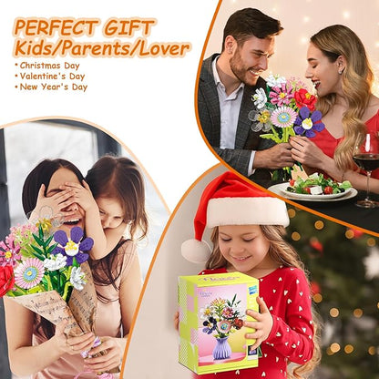 Flowers Bouquet Building Set with Vase, 8 Artificial Flowers Bouquet Set for Adults, Kids, Boys, Girls, Idea Gifts for Mother's Day, Birthdays, Creative DIY Plant Bouquet Decoration Botanical, 730PCS